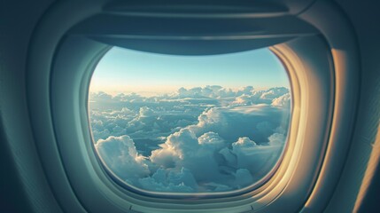 Beautiful aerial view of white clouds and blue sky from an airplane window.