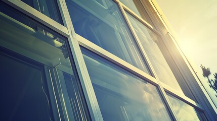 Close-up of a window with solar panels reflected, soft daylight, detailed texture, high resolution, sustainable energy. 