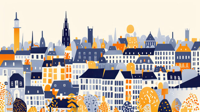 Risograph print travel poster illustration of Brussels, Belgium, modern, isolated, clear, simple. Artistic, stylistic, screen printing, stencil, stencilled, graphic design. Banner, wallpaper