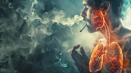 National no smoking day or month concept. Lung cancer awareness background. A man is smoking and clouds of smoke around