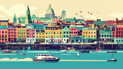 Fototapeta premium Risograph print travel poster illustration of Dublin, Ireland, modern, isolated, clear, simple. Artistic, stylistic, screen printing, stencil, stencilled, graphic design. Banner, wallpaper 