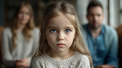 portrait of sad daughter frustrated with psychological. tired of parents . problem caused by  family problems her father and mother 