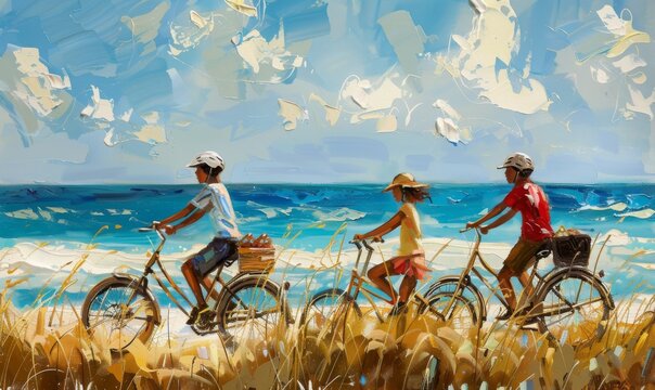Families riding bicycles by the shore