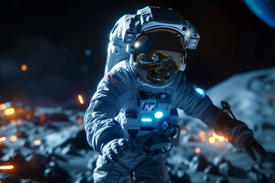 Space exploration scene with astronaut on lunar landscape. Generative AI image