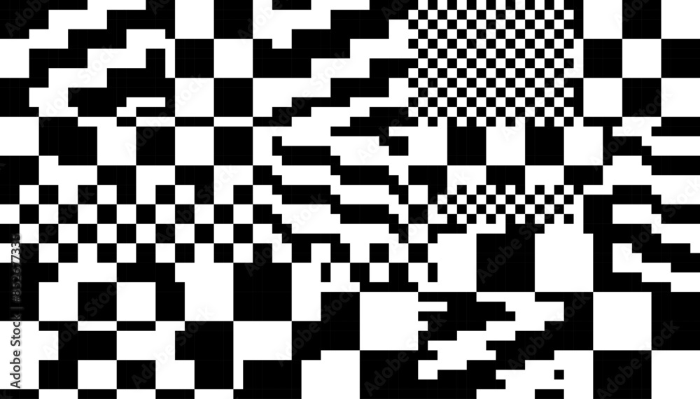 Poster glitch checkered pixels pattern. pixel art chaotic glitchy background. 90s cctv vhs screen vibe. tv 