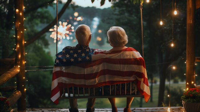 Couple Watching Fireworks on Swing Wrapped in American Flag