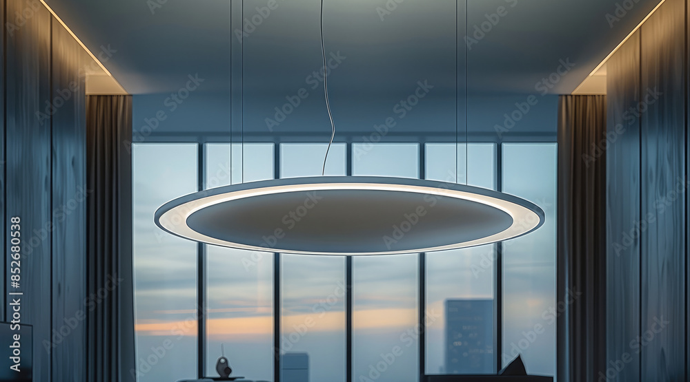 Poster Large White ceiling light hanging on 4 vertical wires, ellipse shape with two pointed tips, light has flat surface with an LED screen on bottom, focus on the lamp, Modern luxury style. Generative AI.
