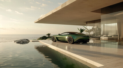 Elegant villa Minimalist with green supercar and infinity swimming pool. Stunning view on sea