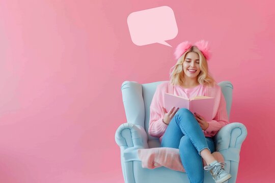 beautiful woman sitting in blue armchair reading pink book with empty white speech bubble above head against pink background copy space