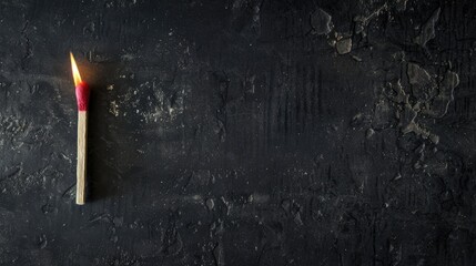 Concept of lone matchstick with flames emphasizing distance prominence dedication and humility with space for text