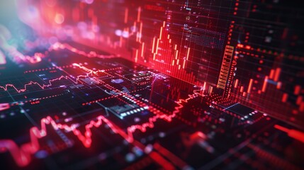 Dynamic digital display of fluctuating stock market data in vibrant red hues, showcasing financial analytics and trends.