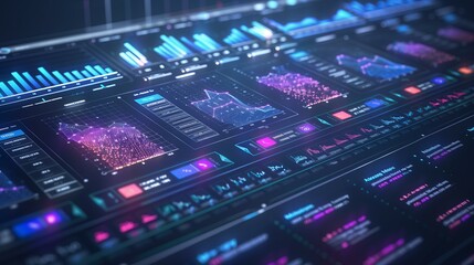 High-tech data visualization dashboard displaying various charts, graphs, and metrics with a futuristic interface.