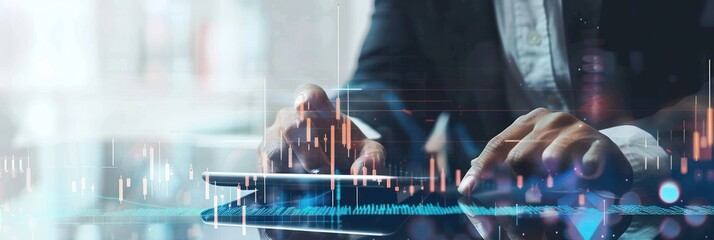 Businessman analyzing digital data on tablet with futuristic holographic graphics in a modern tech-focused environment