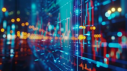Abstract digital financial data visualization with vibrant neon colors and city lights in the background.