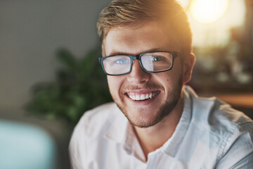 Man, computer and night in office portrait, research and web designer for proposal. Male person,...
