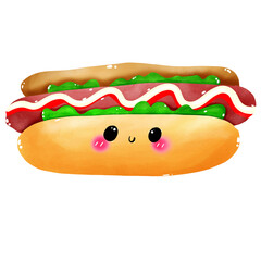 Cute food. Abstract hot dog. Sausage painting. Hot dog illustration. Food decorative elements. Food painting