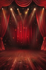 Theater stage with red curtains and spotlights