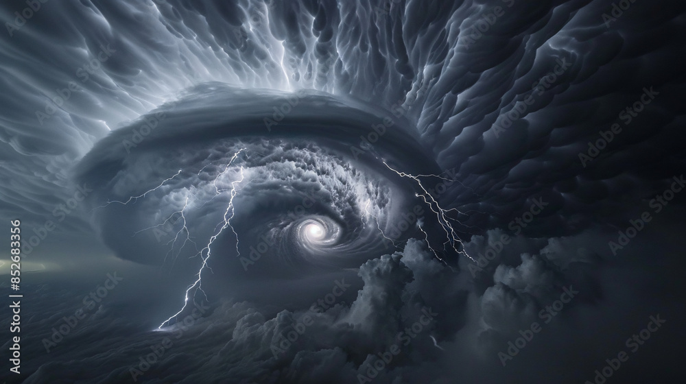 Poster dramatic view of a powerful storm with intense lightning and swirling clouds