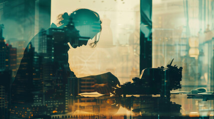 Silhouette of a person typing on a typewriter in front of a window with a city skyline reflected in the glass