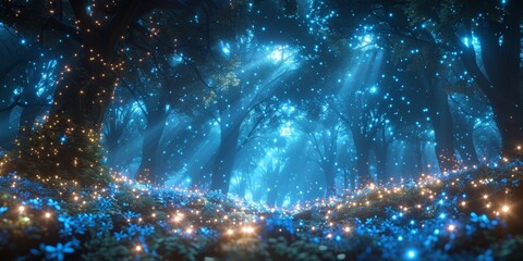 fairy tale world, night, dreamy moonlight forest, branches, night sky, lush, leaves, trees, stars, fluorescence, butterflies.
