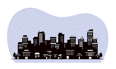 Fototapeta premium 雪が降る都会の街並みのシンプルなシルエットの風景イラスト
