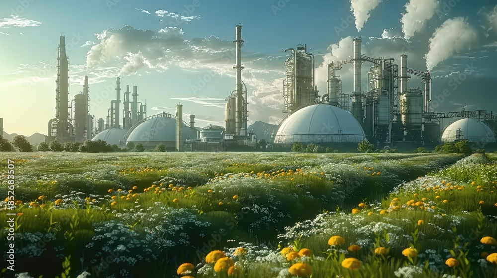 Poster a large meadow environment with a chemical factory. generative ai.
