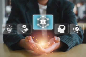 A business professional showcasing essential soft skills such as communication, teamwork, and...