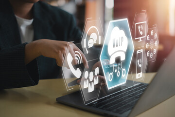 Illustration of VoIP technology concept with digital icons representing cloud telephony, communication, and networking for modern business solutions.