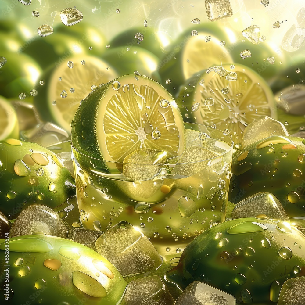 Poster A numerous green lemons and ice cubes, creating a refreshing and cool atmosphere. Generative AI.