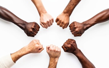 Diverse group of hands forming a fist bump in a circle against a white background. Symbolic and powerful image representing unity, teamwork, and diversity with hands of different skin tones.