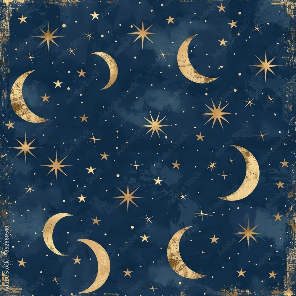 Wall mural elegant celestial pattern with gold crescent moons and stars on a dark blue background, creating a l