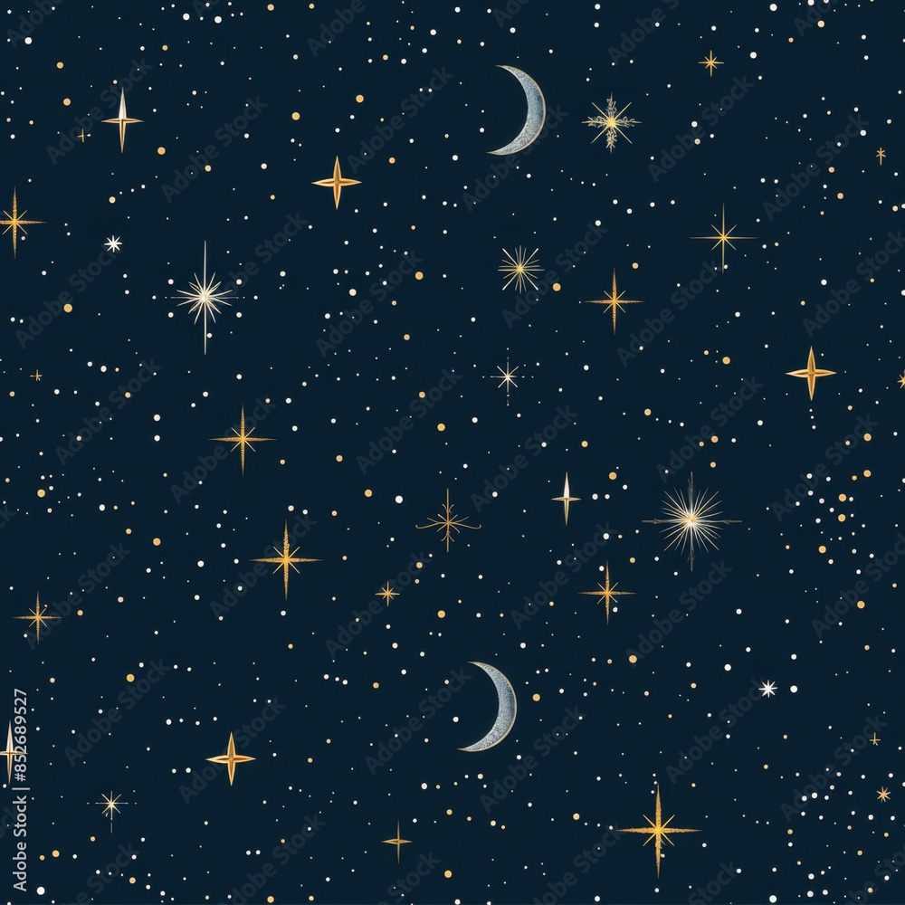 Poster elegant celestial pattern with gold crescent moons and stars on a dark blue background, creating a l