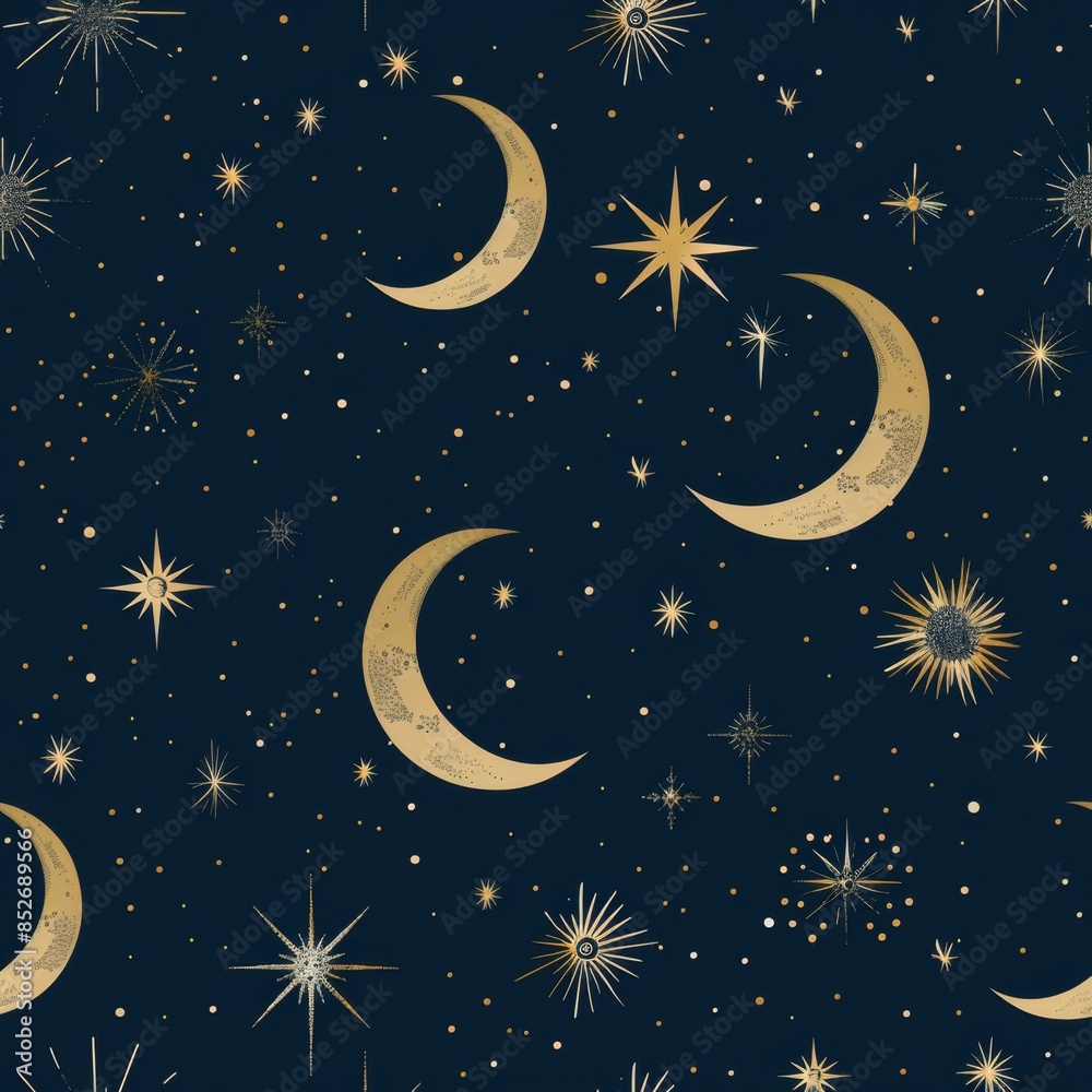 Poster elegant celestial pattern with gold crescent moons and stars on a dark blue background, creating a l