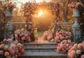 Maternity backdrop, wedding backdrop, photography background with delicate flowers in enchanted garden.