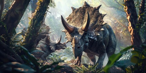 Obraz premium Herd of Triceratops in Dense Forest