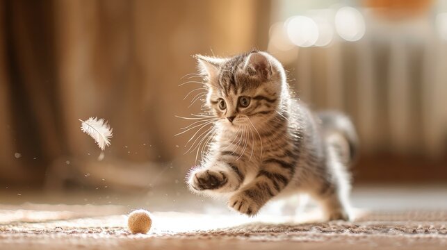 A playful tabby kitten leaps through the air towards a feather toy, with a round object in the foreground - Powered by Adobe