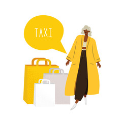 Girl catches taxi. Woman with shopping bags isolated on white background.