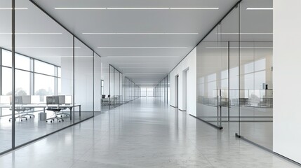 Fototapeta premium A minimalistic office with open plan workspace and glass partitions, featuring sleek, modern furniture and large windows allowing natural light to fill the room