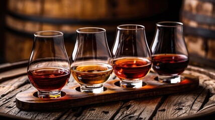 Four glasses of whiskey on wooden barrel, each with different hues