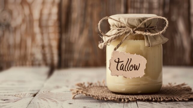 Glass jar filled with homemade tallow on rustic wooden surface