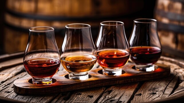 Four glasses of whiskey on wooden barrel, each with different hues