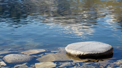 Two stones in clear water reflecting surrounding nature