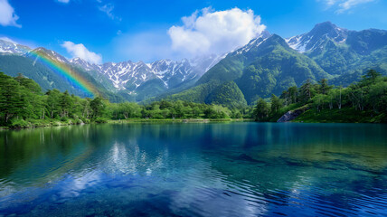 Naklejka premium 虹がかかる山と湖