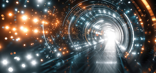 Abstract representation of the speed of light background like tunnel, digital, holographic light. Generative AI.