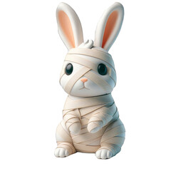 A rabbit is wrapped in bandages and has a creepy expression on its face