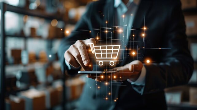 a businessman in a modern office, confidently touching a glowing graph of increasing sales volume with a shopping cart icon on a virtual screen, symbolizing ecommerce growth