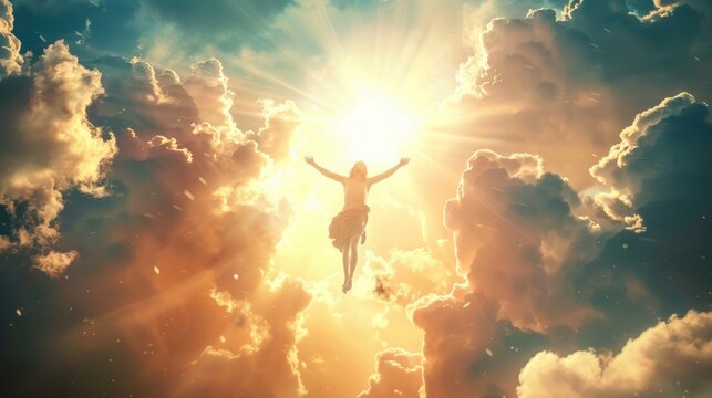 Christ ascending to heaven above the bright light sky and clouds