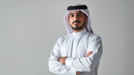 Full body portrait of Bahraini businessman standing in white isolated background