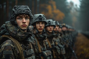 A group of soldiers standing in a line in the forest during a misty and rainy day, showcasing their military gear and determined expressions