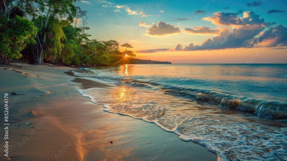 Sticker Tropical beach scenery captured at sunset